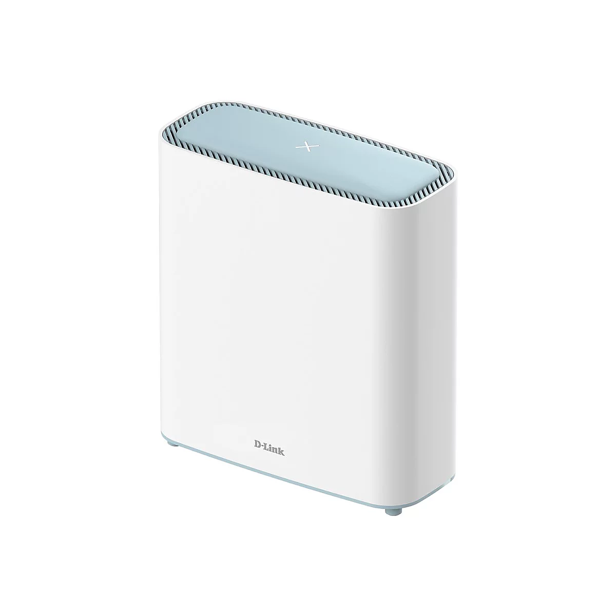 Weißer Router mit hellblauem Deckel und Logo von D-Link.
