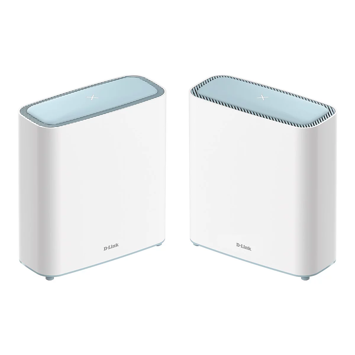 Zwei weiße D-Link Router mit hellblauen Akzenten, leicht von oben abgebildet, mit einem stilisierten Kreuz auf der Oberseite.