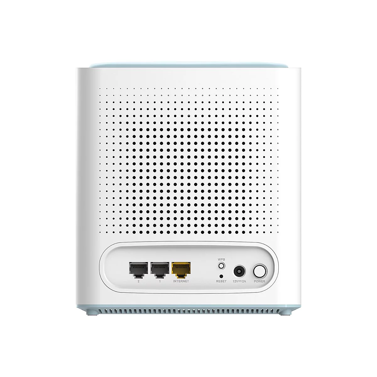 Ein weißer Router mit blauen Akzenten, schwarzem Lochmuster und Anschlüssen.