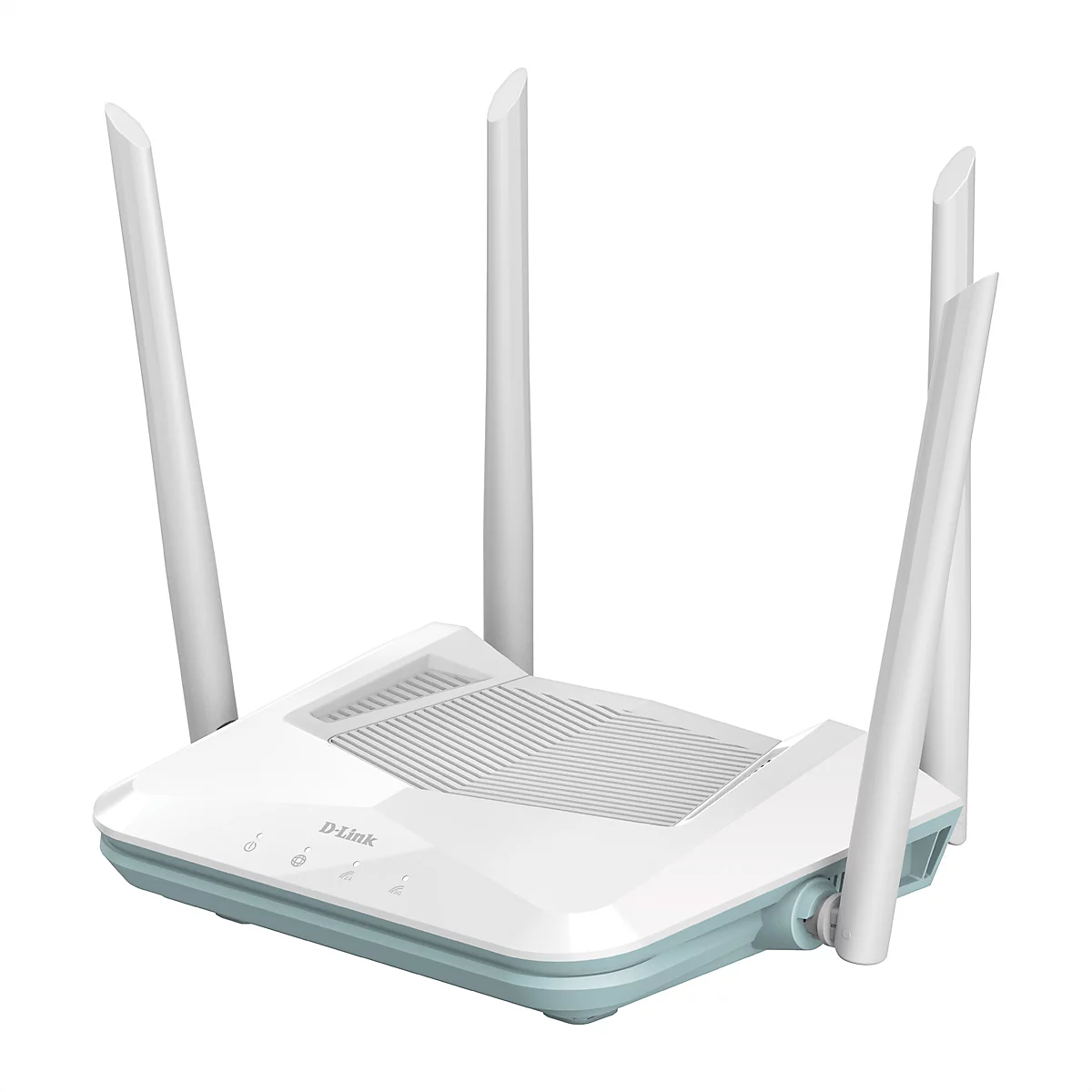 Drahtloser Router in Weiß und Hellblau mit vier Antennen, auf weißem Hintergrund.