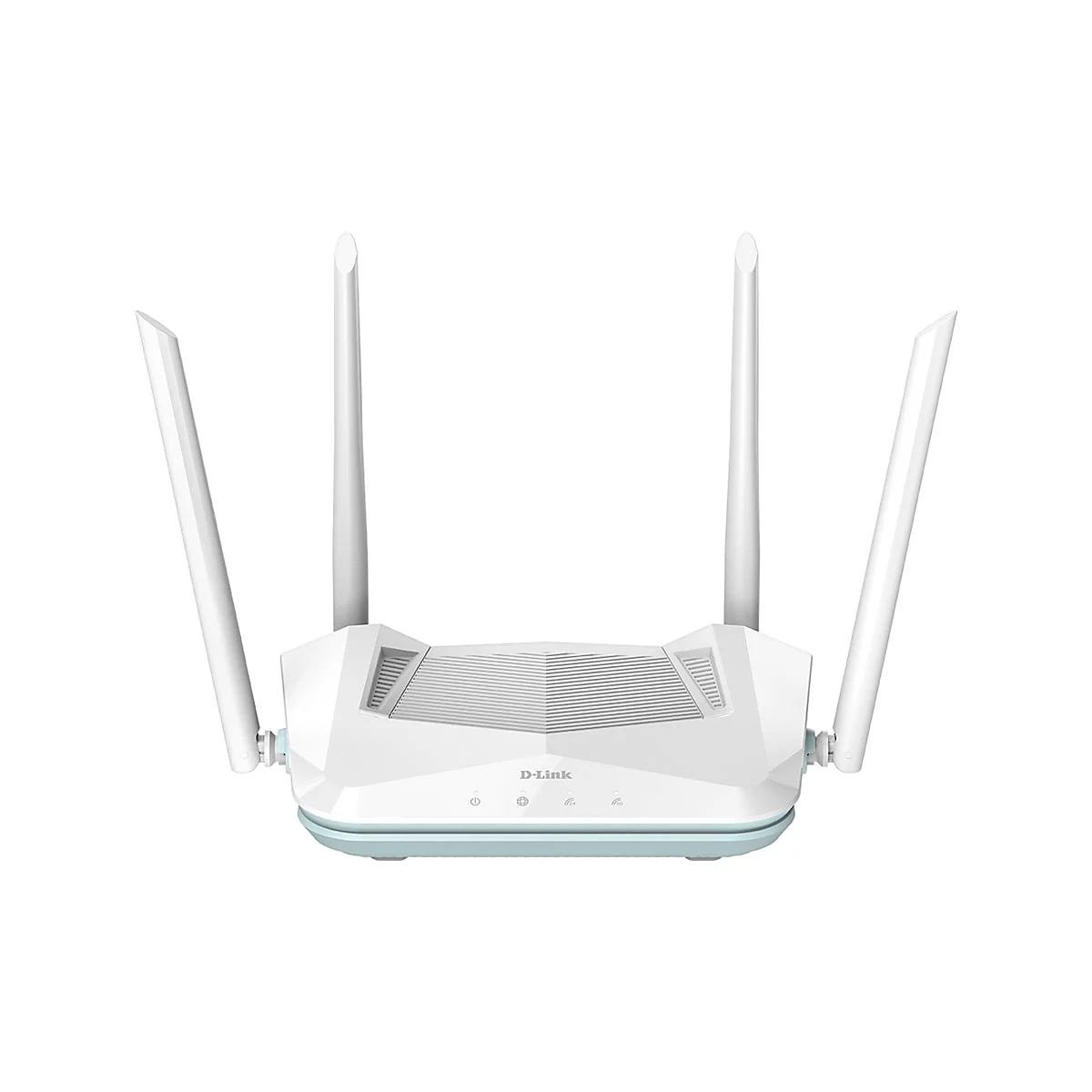 Weißer D-Link Router mit vier Antennen, auf hellblauem Sockel, vor weißem Hintergrund.