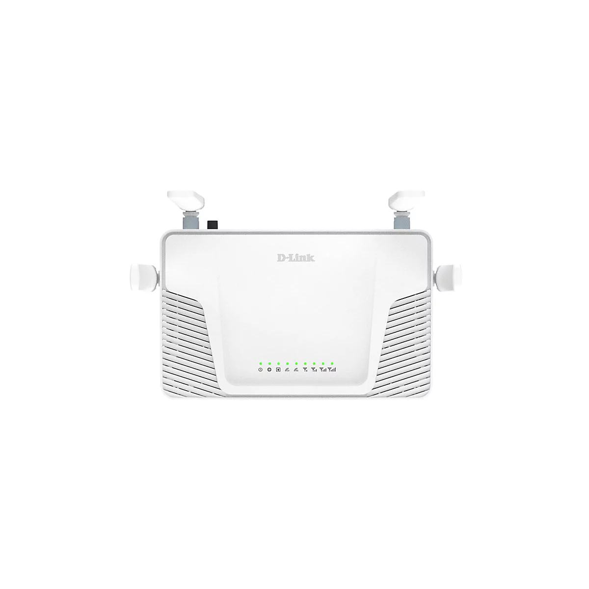 Weißer D-Link-Router mit zwei Antennen und grünen LEDs.