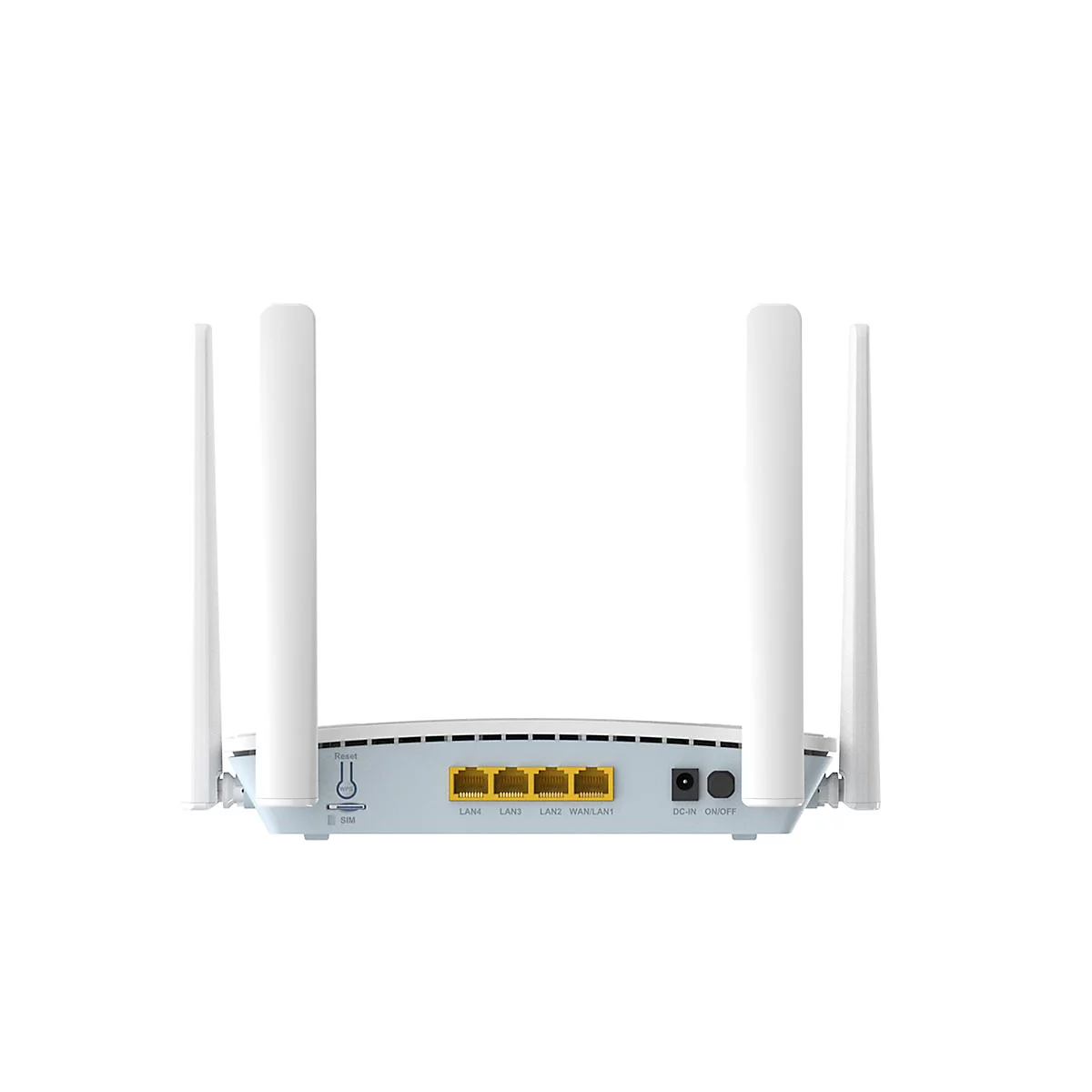 Rückseite eines Routers mit vier Antennen, LAN-, WAN- und Stromanschlüssen. Aufschrift: Reset, SIM, DC-IN, ON/OFF.