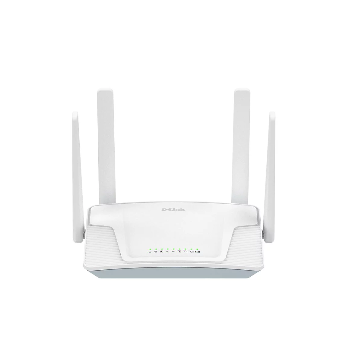 Weißer D-Link WLAN Router mit vier Antennen. Auf der Vorderseite sind Status-LEDs zu sehen.