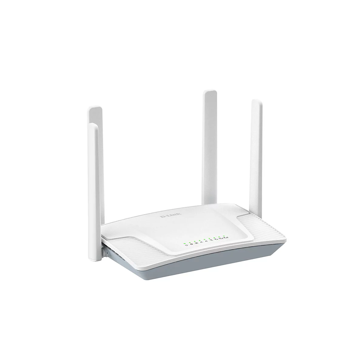 Ein weißer D-Link Router mit vier Antennen, die aus dem Gehäuse ragen. Kleine LEDs leuchten grün.