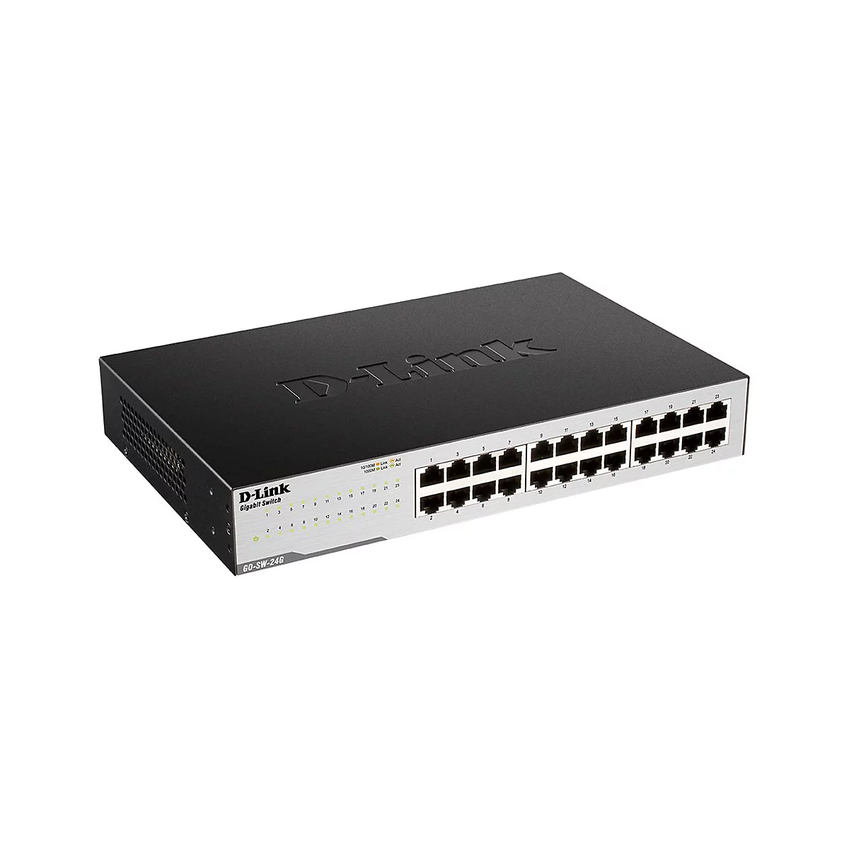 Ein schwarzer D-Link Gigabit Switch mit zahlreichen Ethernet-Anschlüssen.