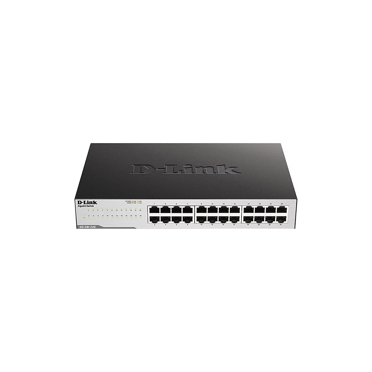 Ein schwarzer D-Link Gigabit Switch mit 24 Anschlüssen. Oben links ist das D-Link Logo. Unten befinden sich Anschlussnummern und LED-Anzeigen.