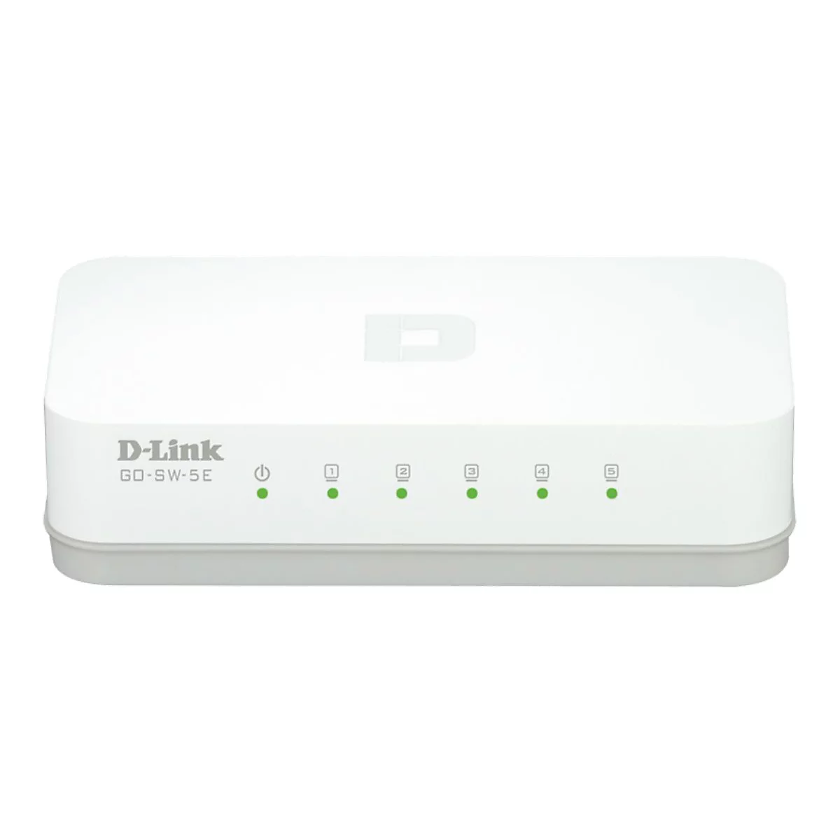 Commutateur Ethernet D-Link blanc. Il y a des voyants verts à l'avant.