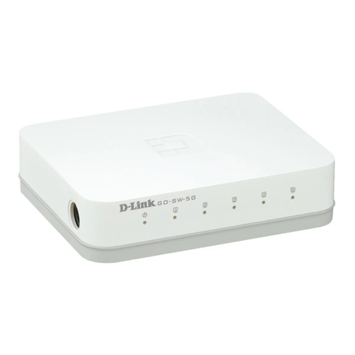 Commutateur D-Link GO-SW-5G blanc reposant sur une base gris clair. Des LED et le logo D-Link sont visibles à l'avant.