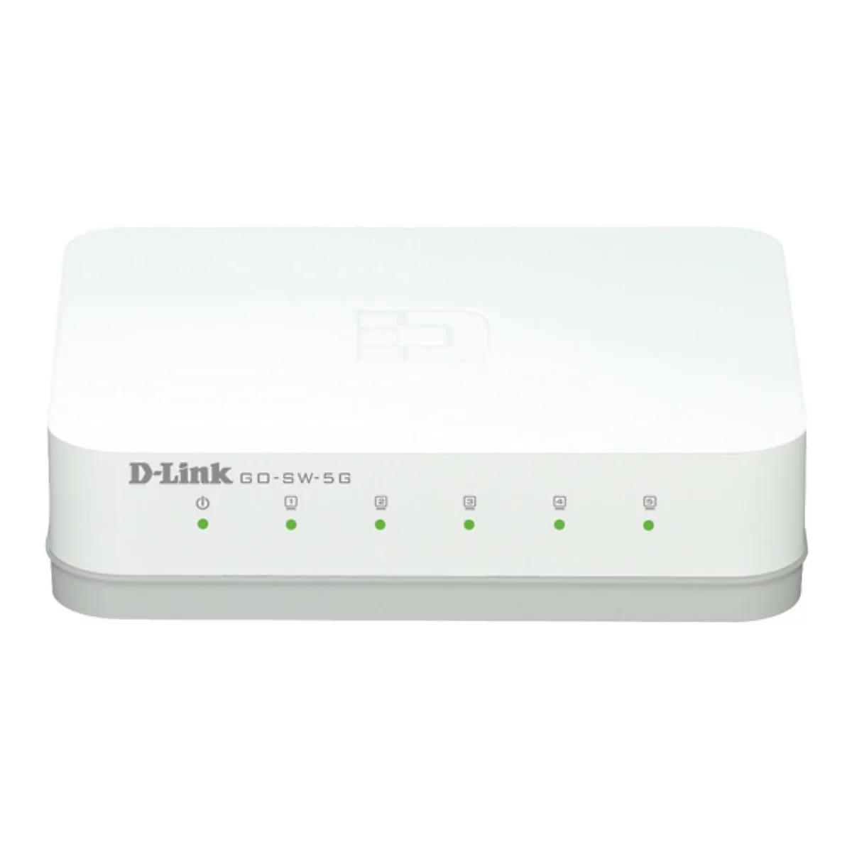 Un commutateur D-Link GO-SW-5G blanc, avec des voyants LED verts.