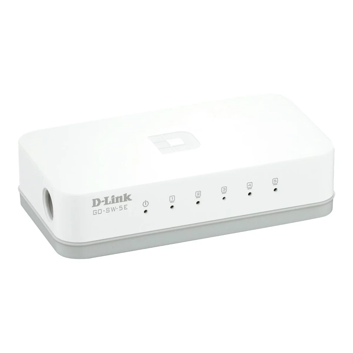 Weißes D-Link GO-SW-5E Gerät. Auf der Vorderseite: Logo, Anzeigen, Anschlüsse. Grauer Rand. Neutrale Umgebung.