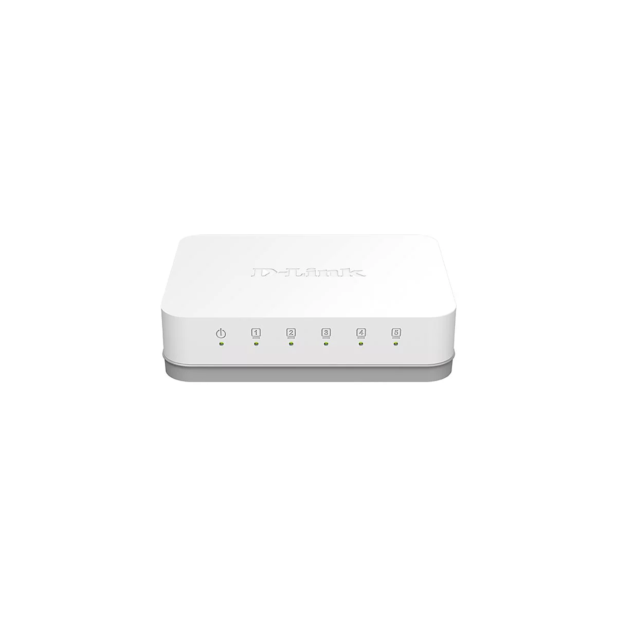 Weißer D-Link Switch mit fünf Anschlüssen und grünen LEDs. Auf der Oberseite steht D-Link.