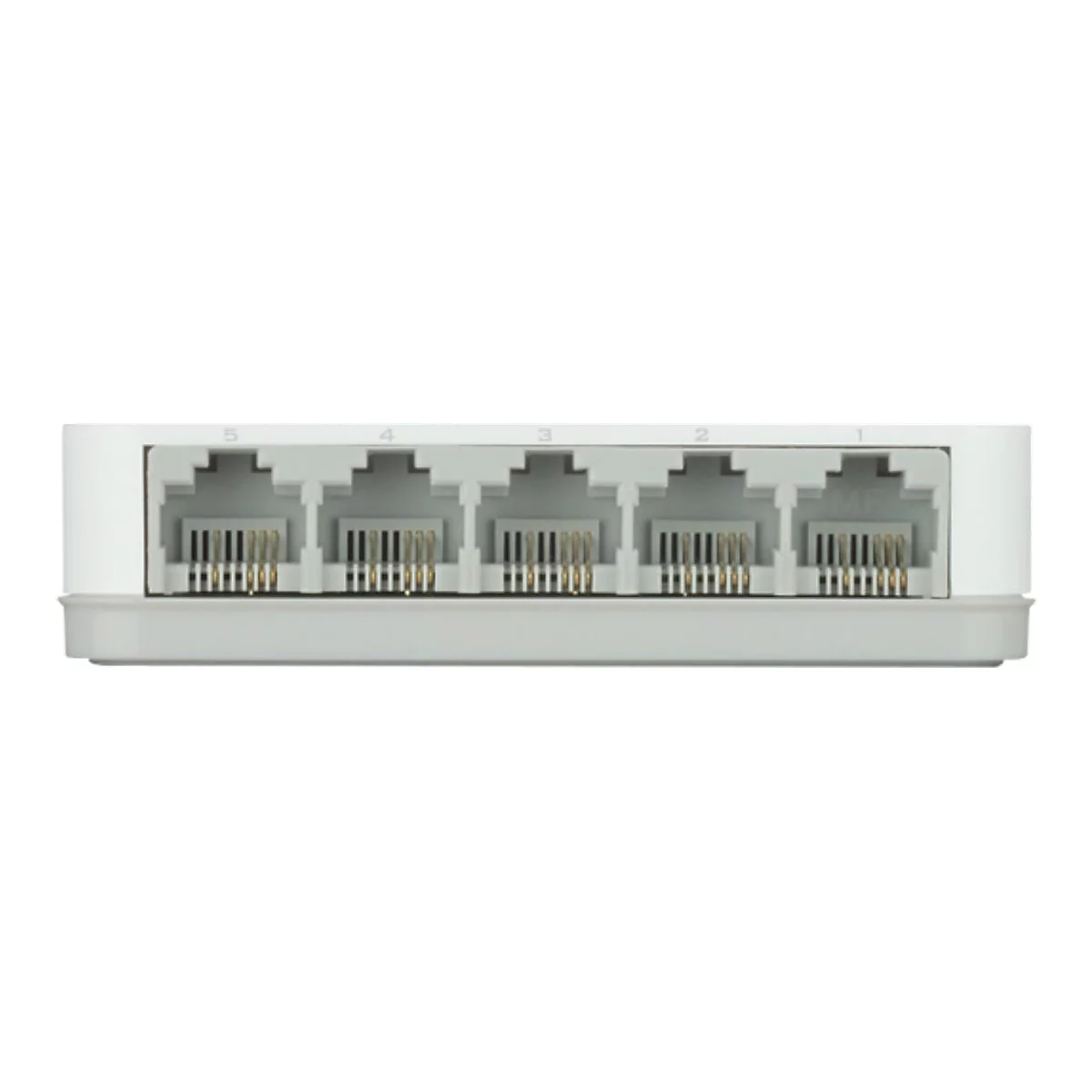 Nahaufnahme eines weißen Netzwerk-Switches mit fünf Anschlüssen. Die Anschlüsse sind mit Zahlen von 1 bis 5 gekennzeichnet.