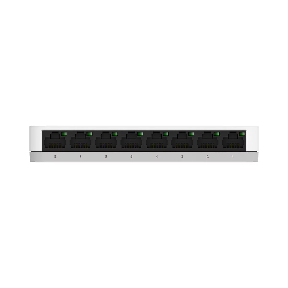 Ein weißer Ethernet-Switch mit acht Anschlüssen, die von 1 bis 8 nummeriert sind. Die Anschlüsse sind mit grünen LEDs versehen.
