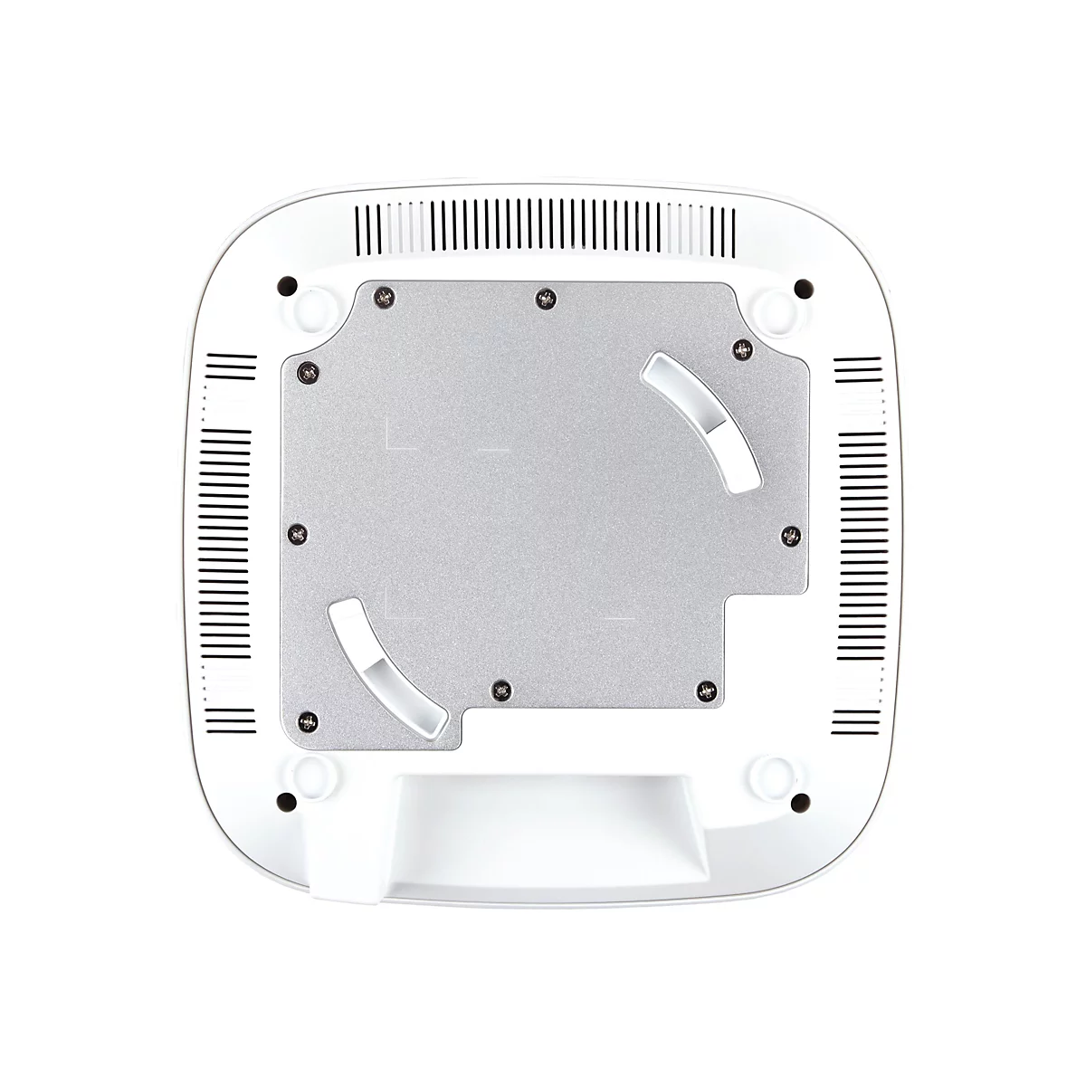 Vue de dessus du dessous d'un appareil électronique blanc avec des fentes de ventilation, une plaque argentée et des vis.