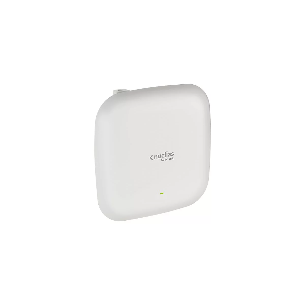 Weißer, quadratischer D-Link Nuclias WLAN-Access-Point mit abgerundeten Ecken und grüner Status-LED.