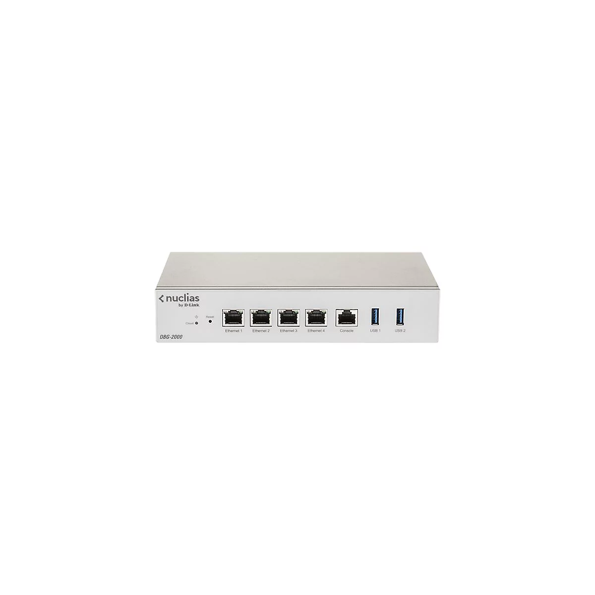 Silberner Nuclias D-Link DBG-2000 Netzwerk-Router mit Ethernet-Anschlüssen, Konsolen-Port und USB-Schnittstellen.