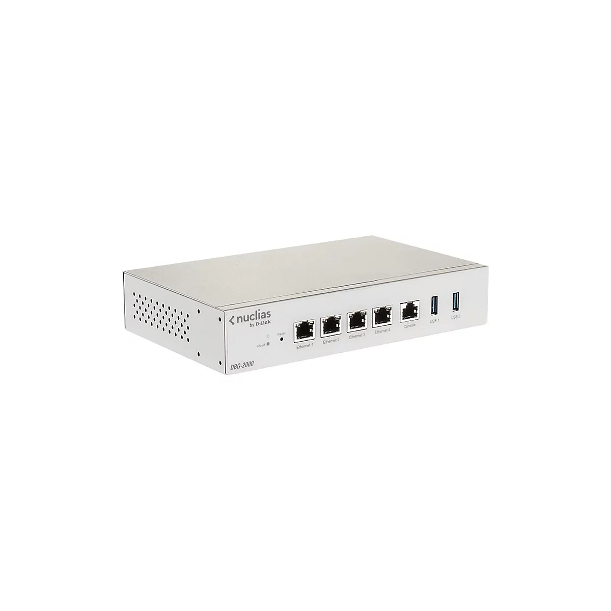 D-Link Nuclias DBG-2000 Gateway, ein silbernes Gehäuse mit vier Ethernet-Ports, einem Konsolen-Port und zwei USB-Anschlüssen.