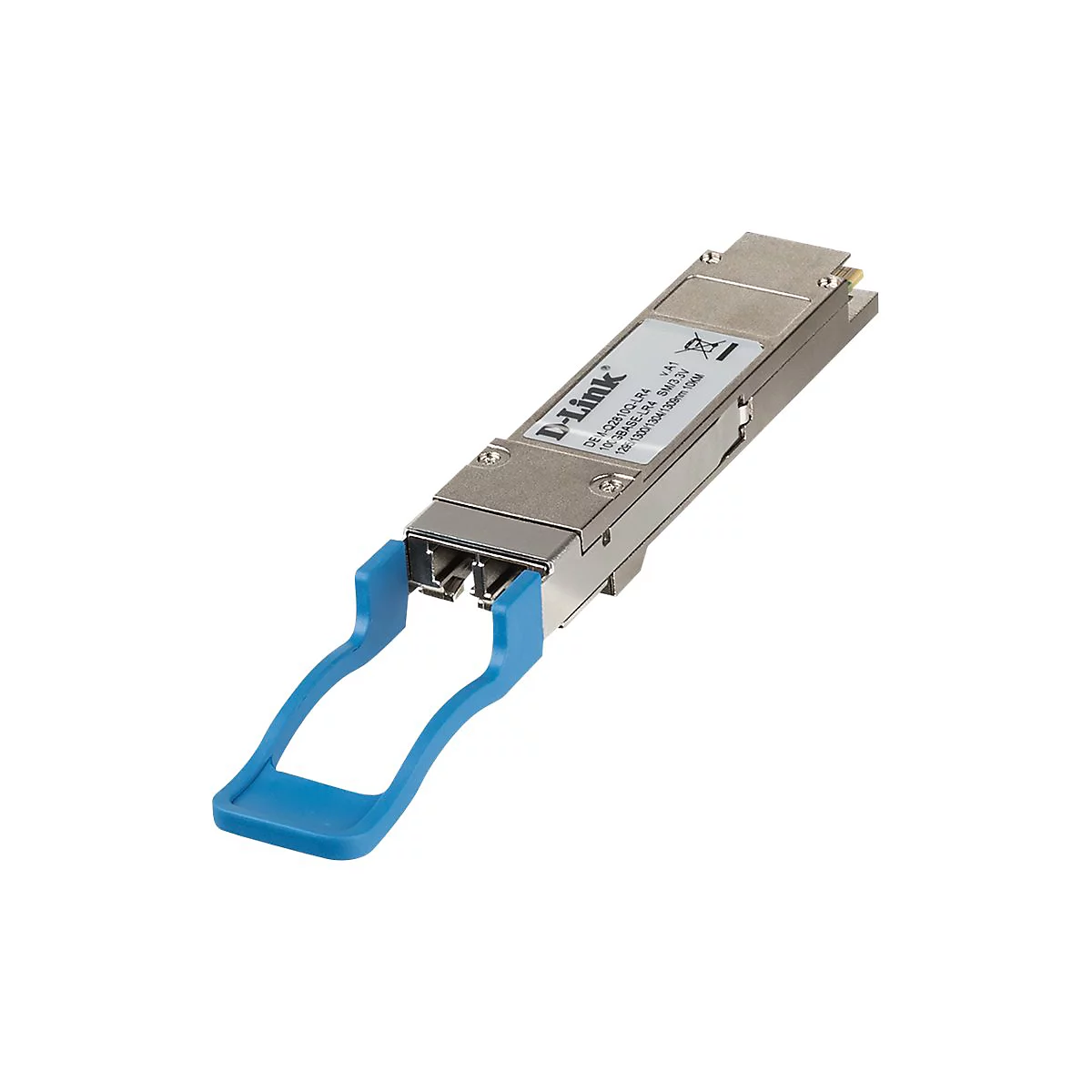Ein silbernes D-Link-Modul mit blauem Hebel. Aufschrift: D-Link, DEM-Q28100-LR4, 100GBASE-LR4 SM/3.3V.