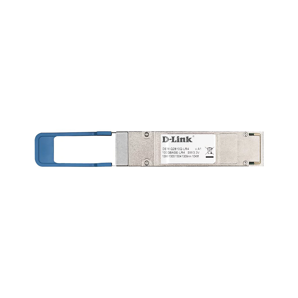Ein graues D-Link-Modul mit blauem Hebel und weißen Aufschriften. Aufschrift: DEM-Q2810Q-LR4.