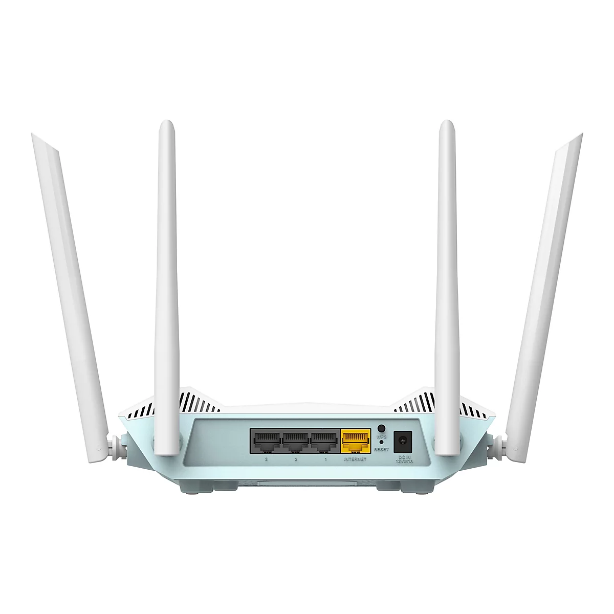 Hellblau-weißer Router vor weißem Hintergrund. Mit vier Antennen, Steckplätzen und Anschlüssen.