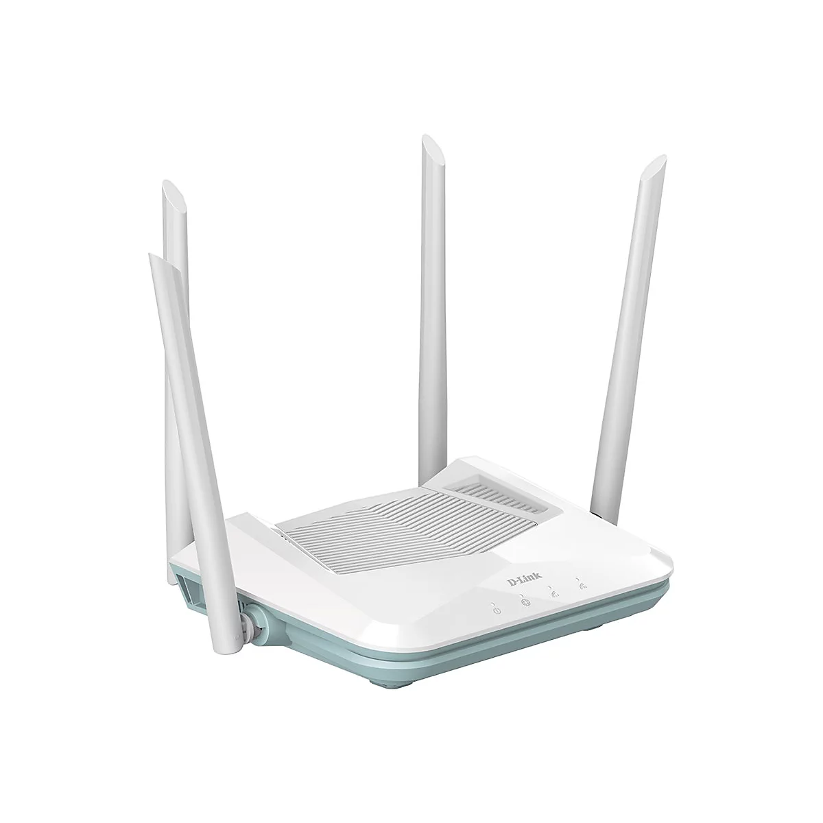 Draufsicht auf einen weißen Router mit 4 Antennen. Unterseite und die Seiten in hellblau. Auf der Oberseite steht D-Link.