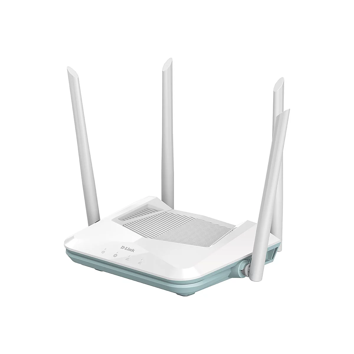 Weißer Router mit blauer Umrandung und vier Antennen. Aufschrift: D-Link.