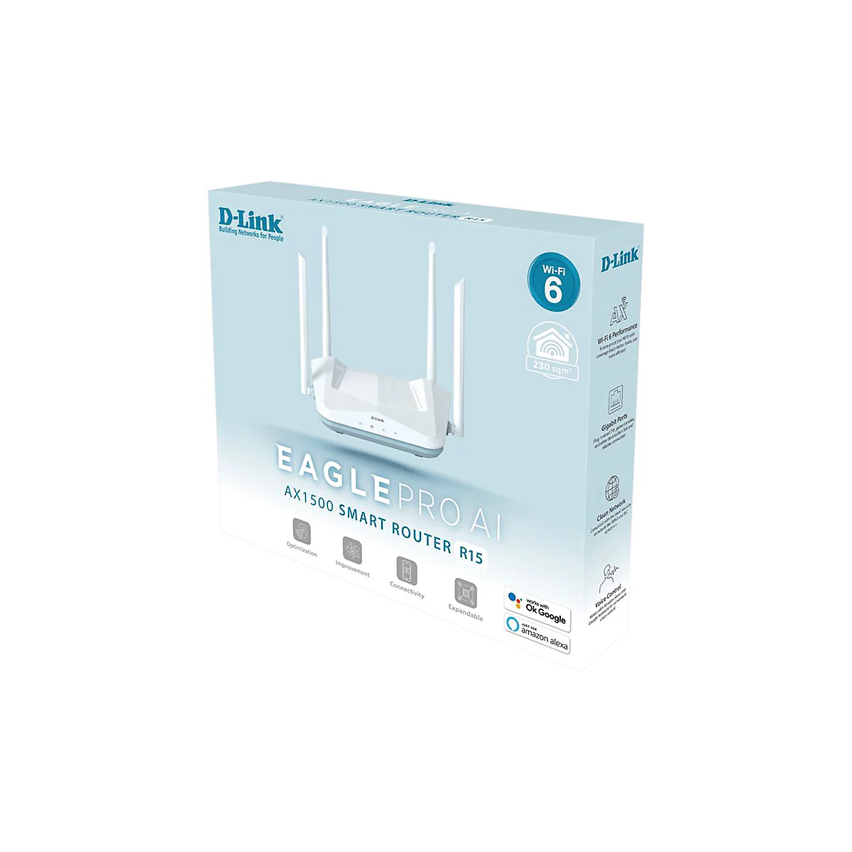 Produktverpackung eines D-Link Eagle Pro AI AX1500 WLAN-Routers in einer hellblauen Box.