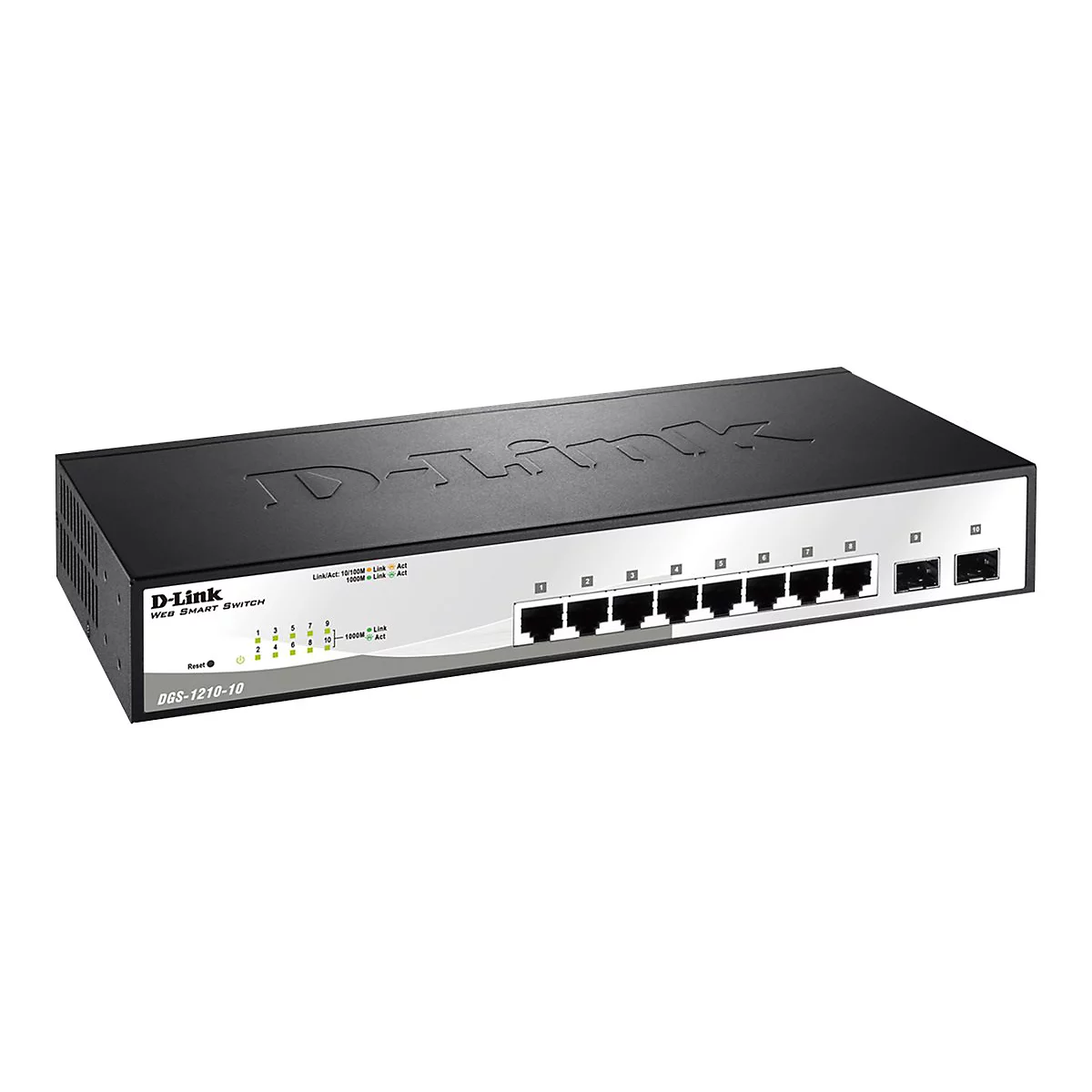 Schwarzer D-Link Web Smart Switch mit Anschlüssen und Leuchtdioden. Aufschrift DGS-1210-10.