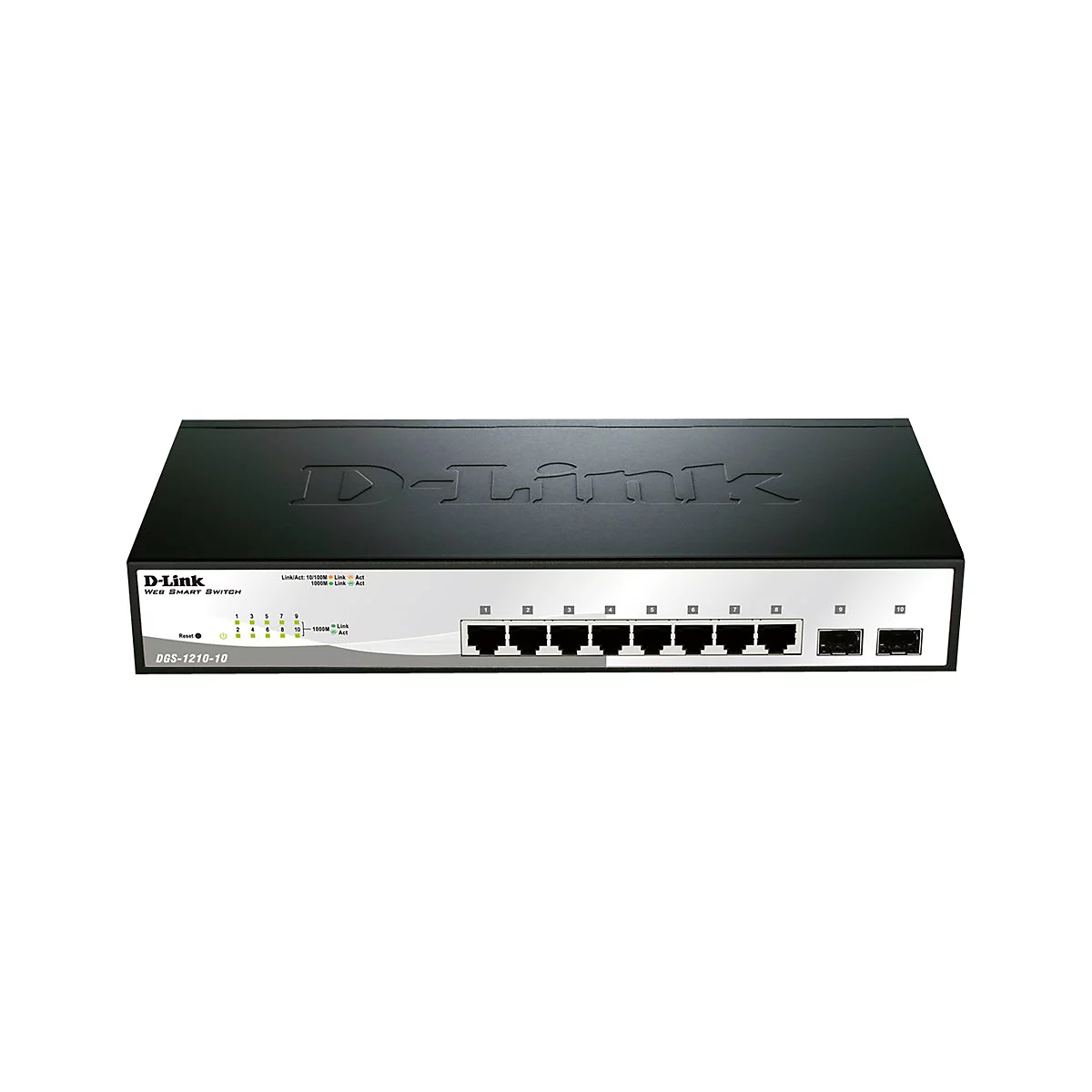 Schwarzer D-Link Web Smart Switch mit 10 Ports, beschriftet mit "D-Link" und "DGS-1210-10".