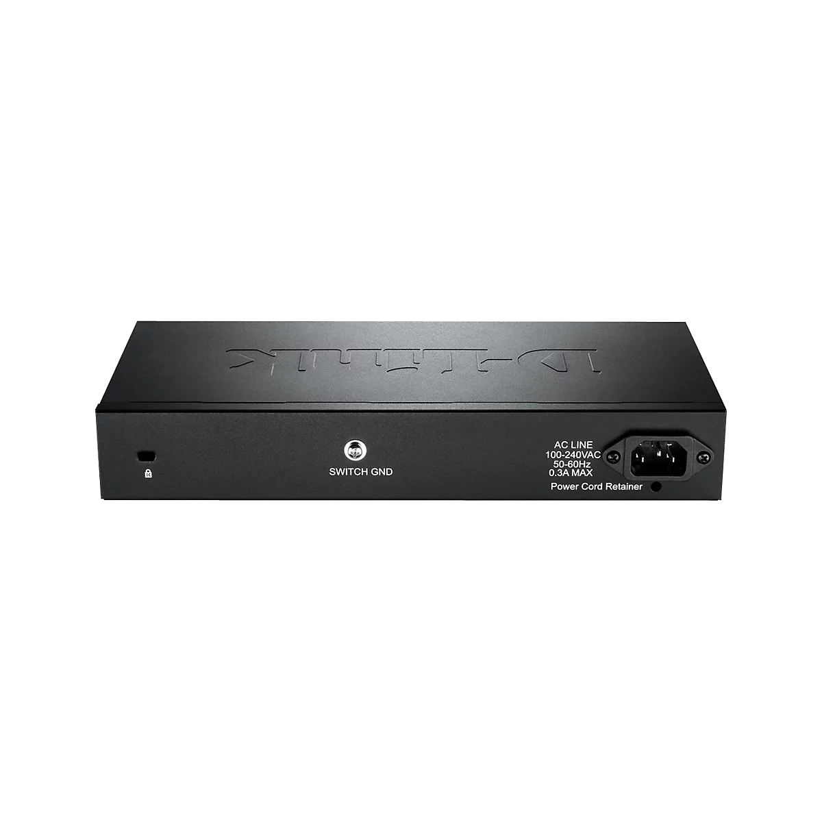 Schwarzer D-Link Switch, Ansicht von vorne. Beschriftung: AC LINE, 100-240VAC, 50-60Hz, 0.3A MAX, Power Cord Retainer. Auf der Oberseite D-Link Logo.