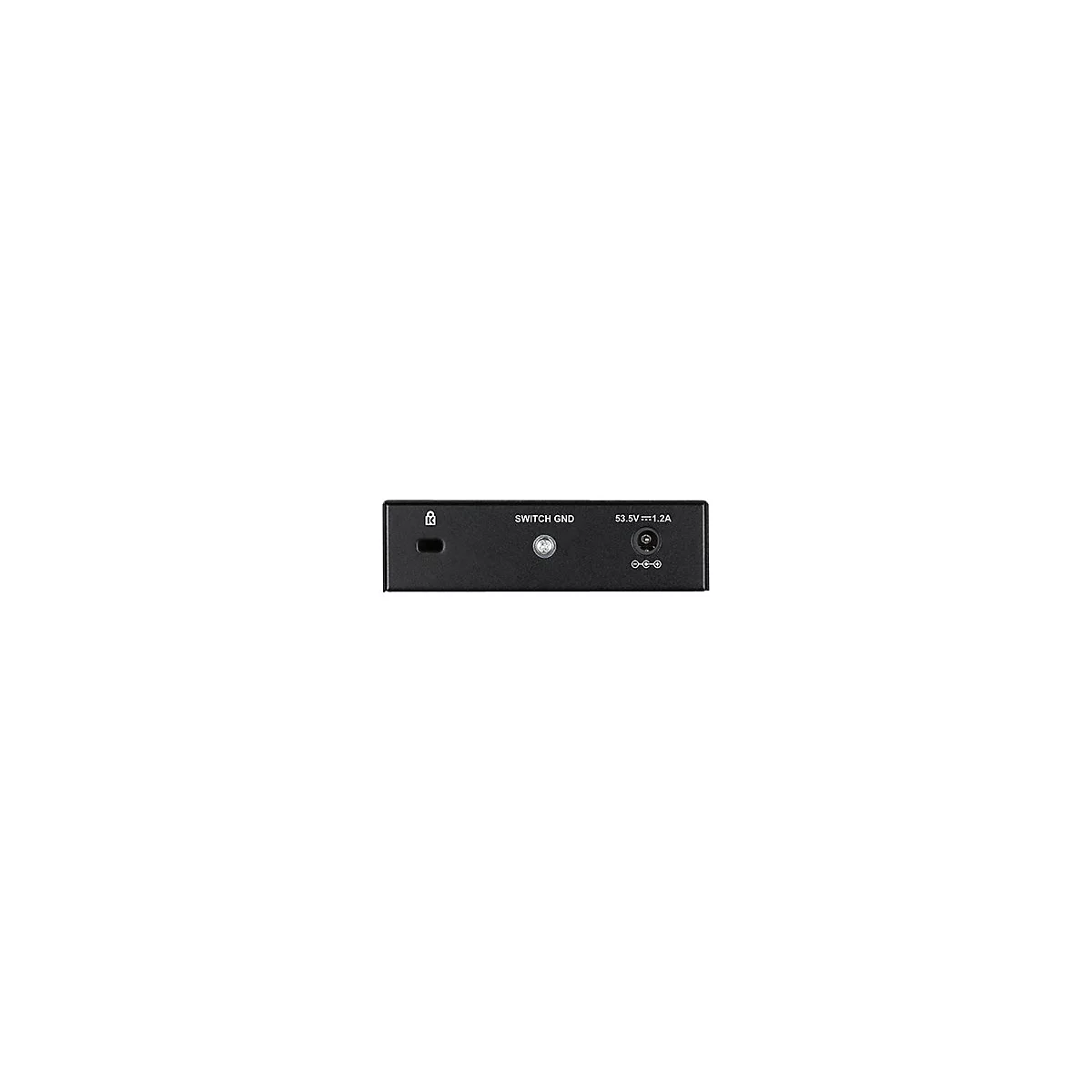 Detailansicht eines schwarzen Switches mit Anschlüssen, Beschriftungen und Stromanschluss.