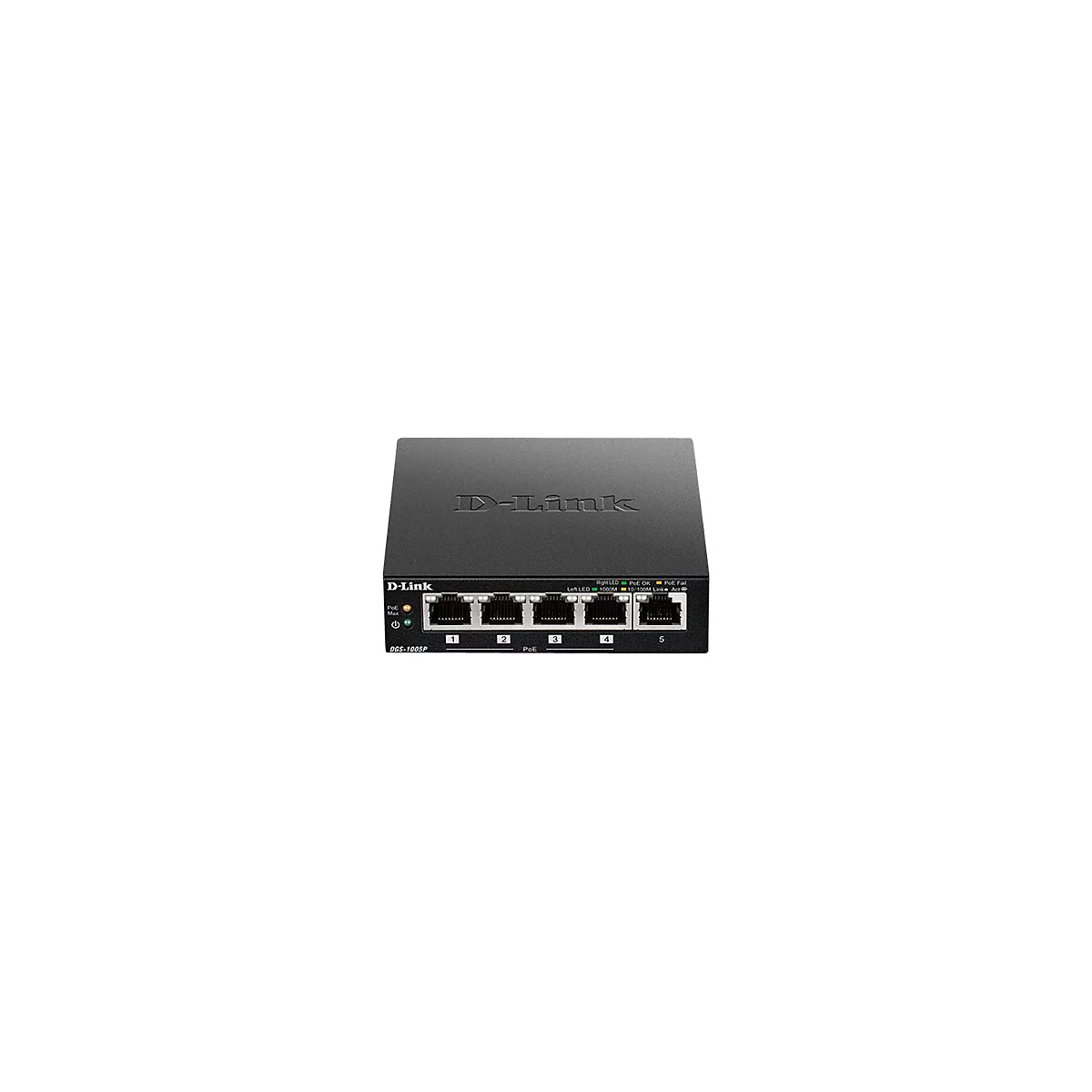 Schwarzer D-Link Netzwerk Switch mit 5 Anschlüssen, Beschriftungen und LED-Anzeigen. Das Gerät ist quadratisch und hat das D-Link Logo.