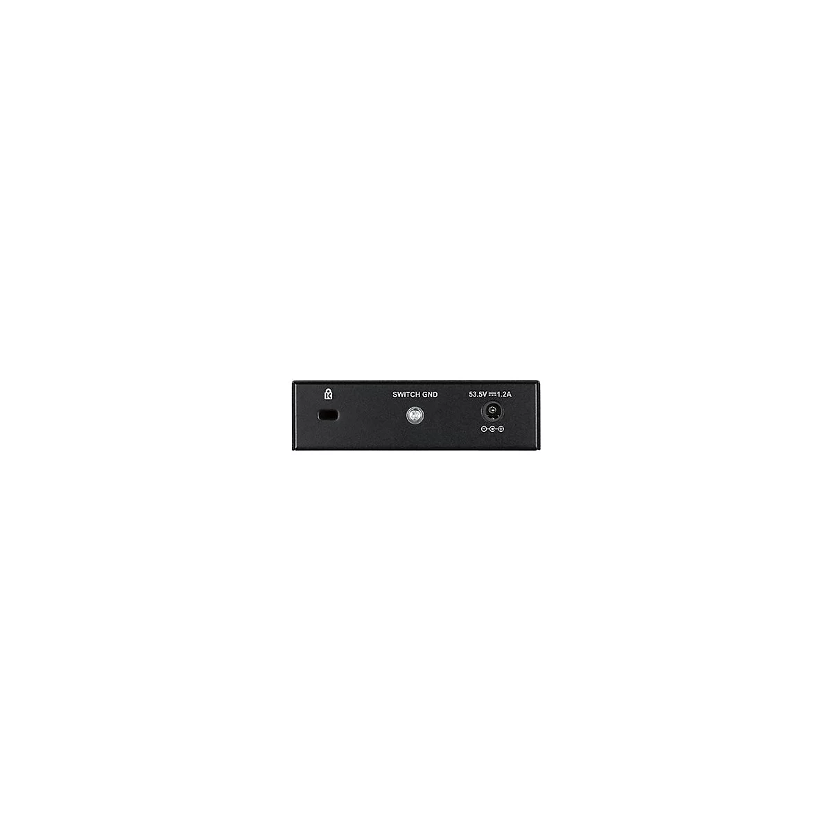 Schwarzes Gerät mit Anschlüssen. Beschriftung: SWITCH GND, 53.5V⎓1.2A. Ein Schloss-Symbol und eine runde LED.