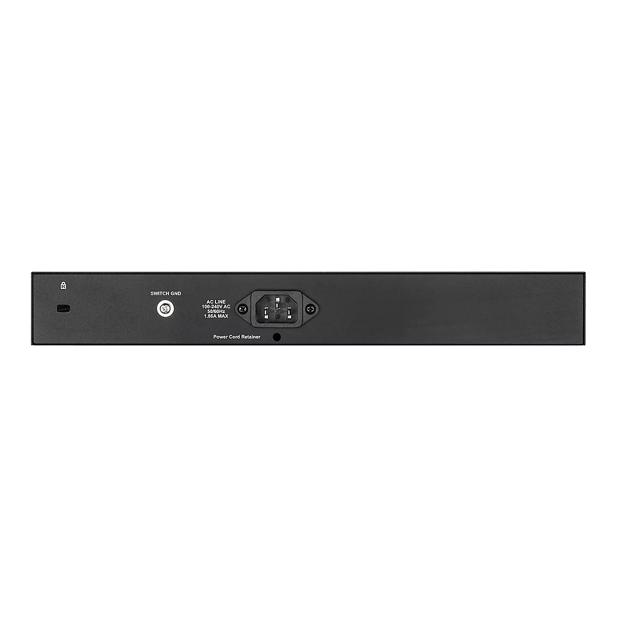 Arrière d'un switch réseau noir, avec des ports pour les câbles d'alimentation et de données. Étiquettes : Switch GND, AC Line, Power Cord Retainer.