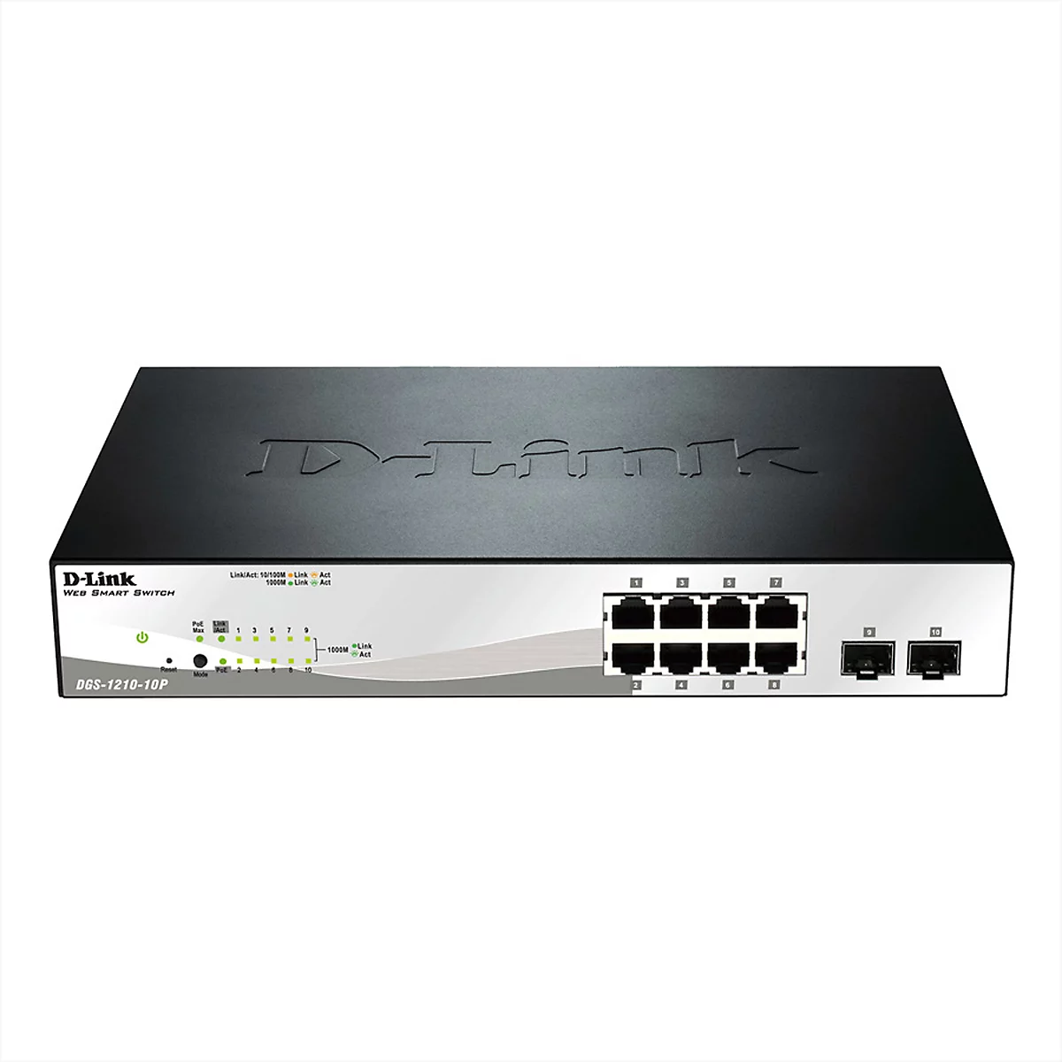 Ein schwarzer D-Link Netzwerkswitch. Front mit Ports, Kontrollleuchten, und der Aufschrift "D-Link".