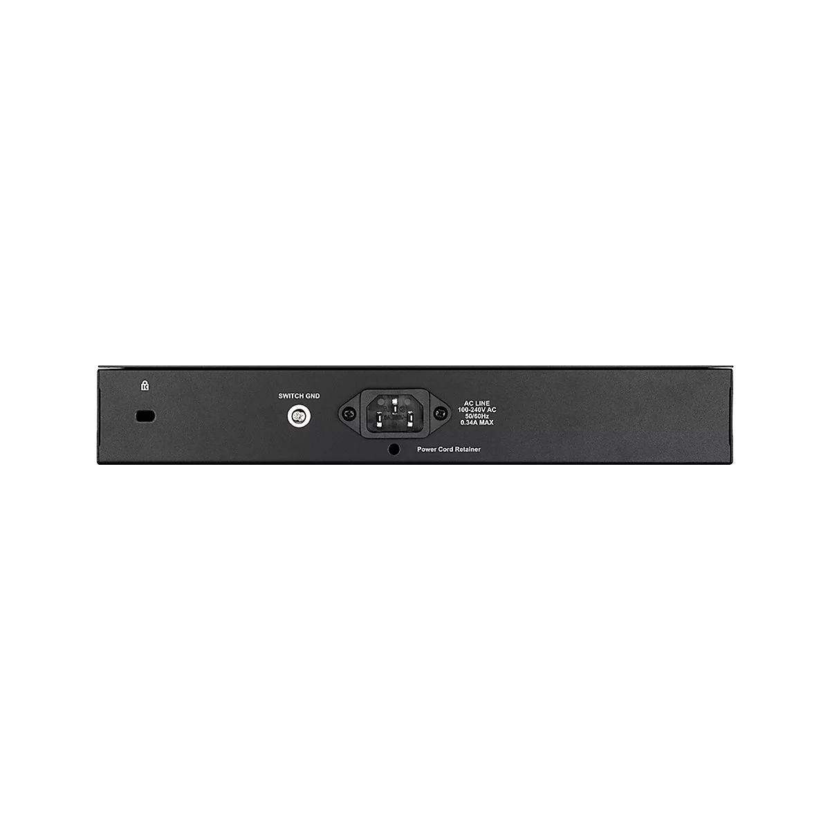 Arrière d'un switch réseau noir avec des connexions d'alimentation et de terre.