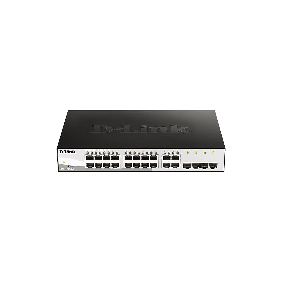 Commutateur réseau D-Link noir. L'avant comporte de nombreux ports réseau et voyants.