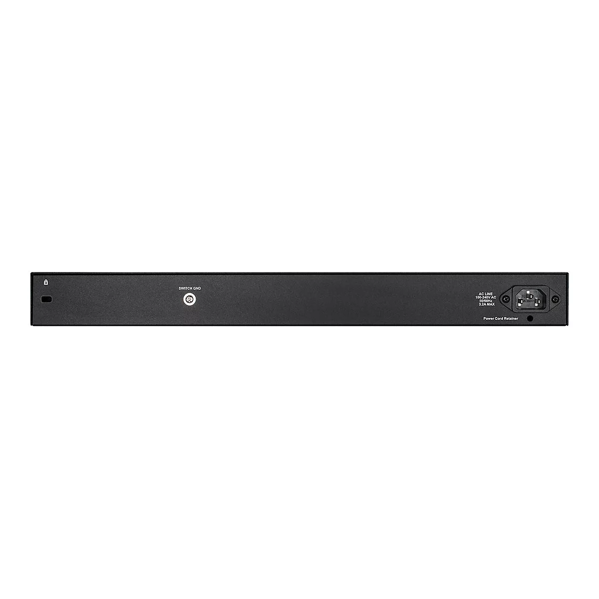 Commutateur réseau noir. Panneau arrière avec connexion d'alimentation et étiquettes : AC LINE, SWITCH GND.