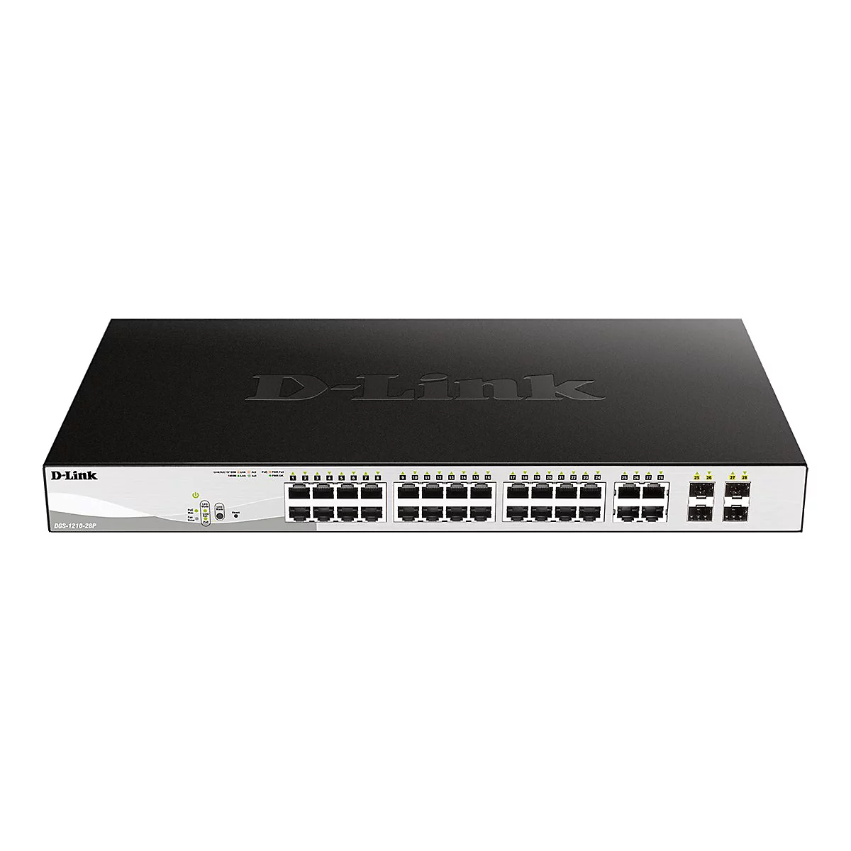 Commutateur D-Link noir avec de nombreux ports et indicateurs LED, sur fond blanc.