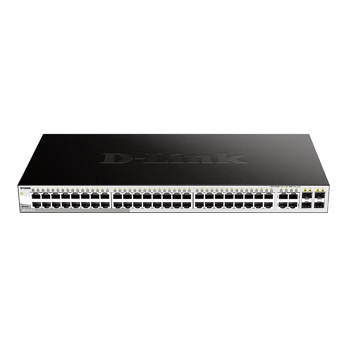 Commutateur réseau D-Link noir. Nombreux ports pour câbles Ethernet. Inscription : D-Link.