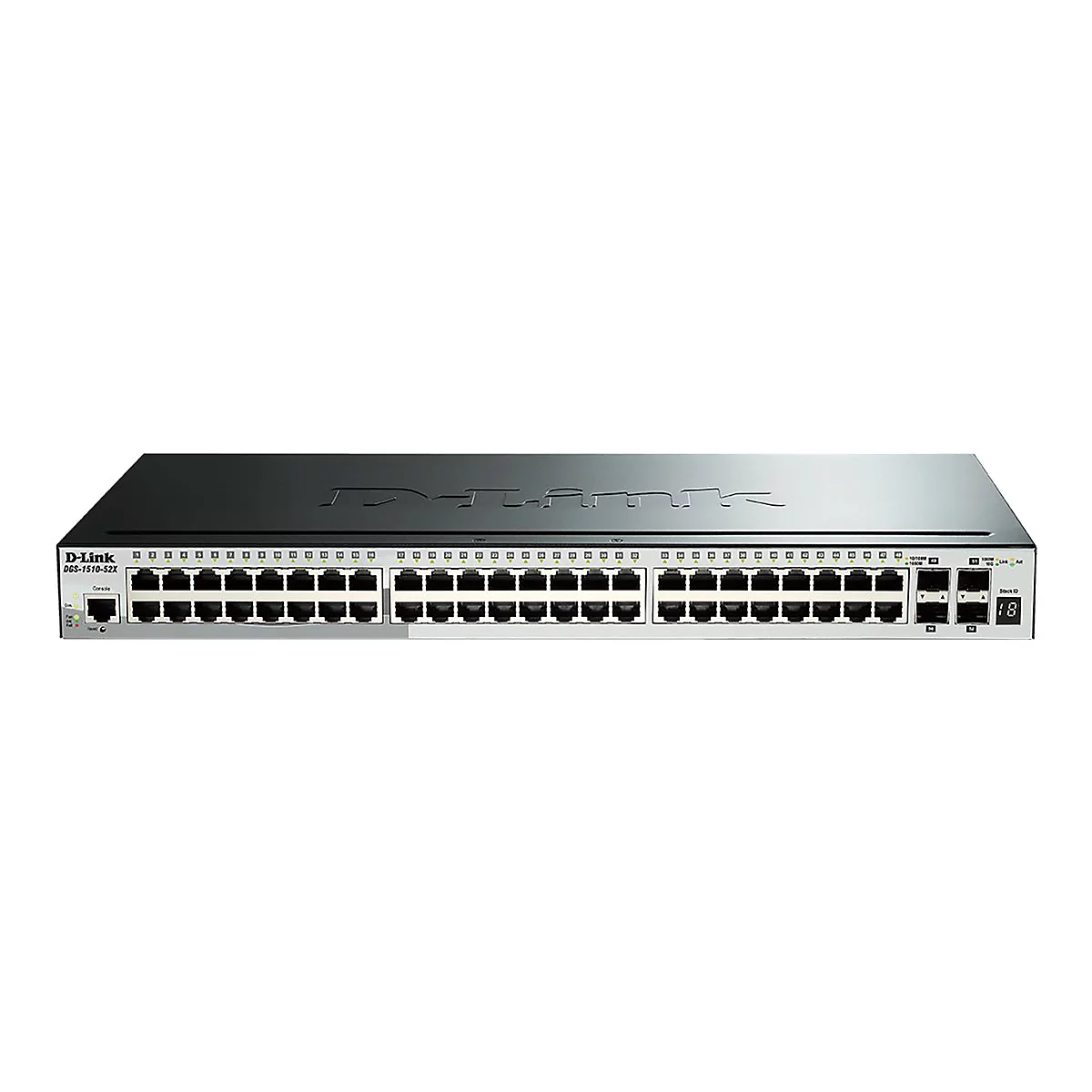 Commutateur réseau D-Link noir avec de nombreuses options de connexion et affichage.
