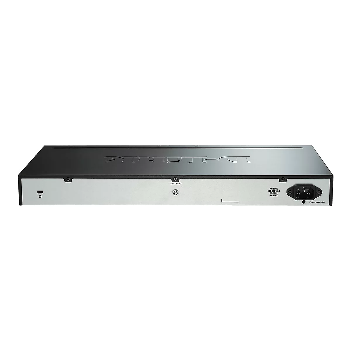 Arrière d'un switch réseau noir, avec des ports, des étiquettes et un connecteur d'alimentation.