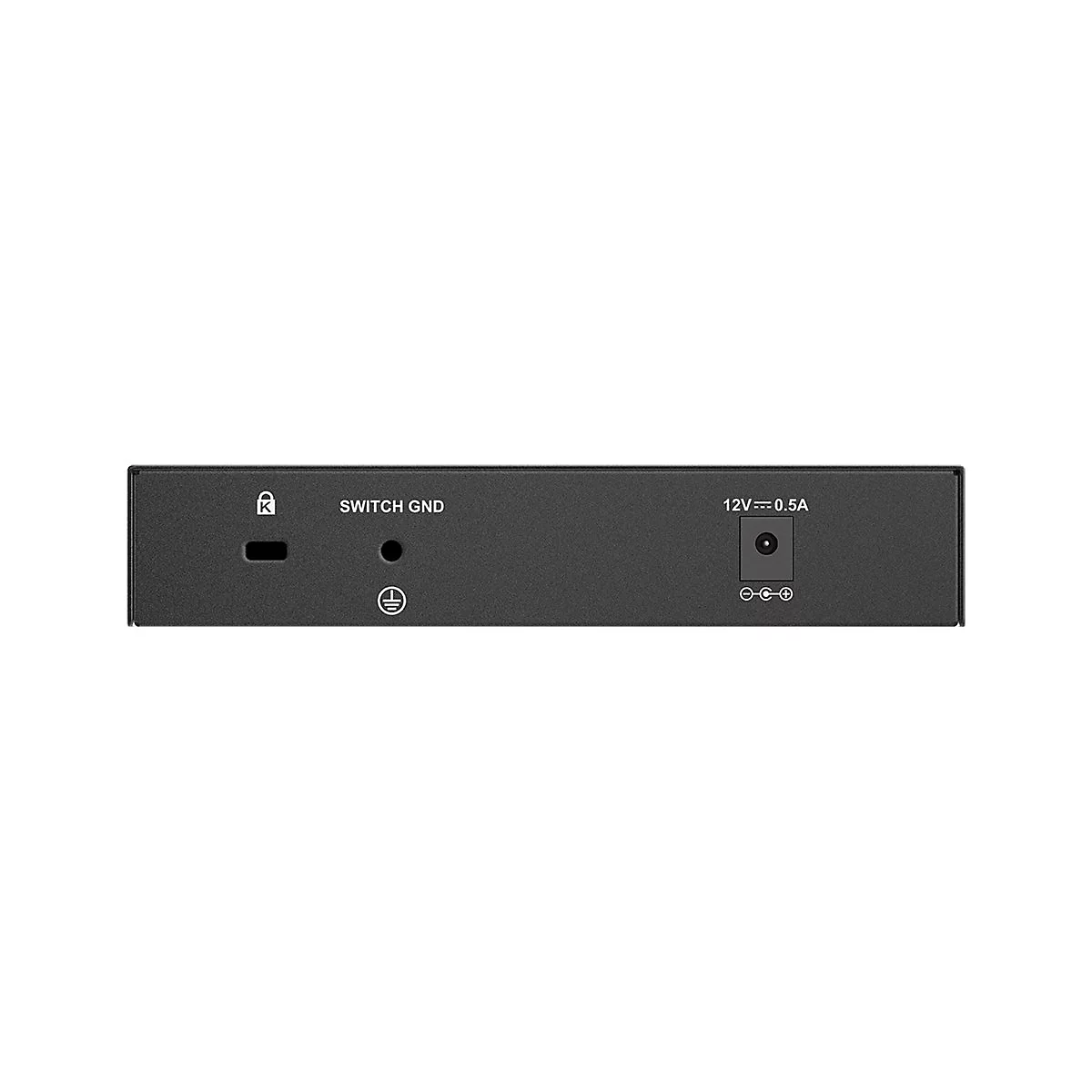 Appareil électronique noir, inscription SWITCH GND et 12V 0.5A. Connecteurs et symboles.