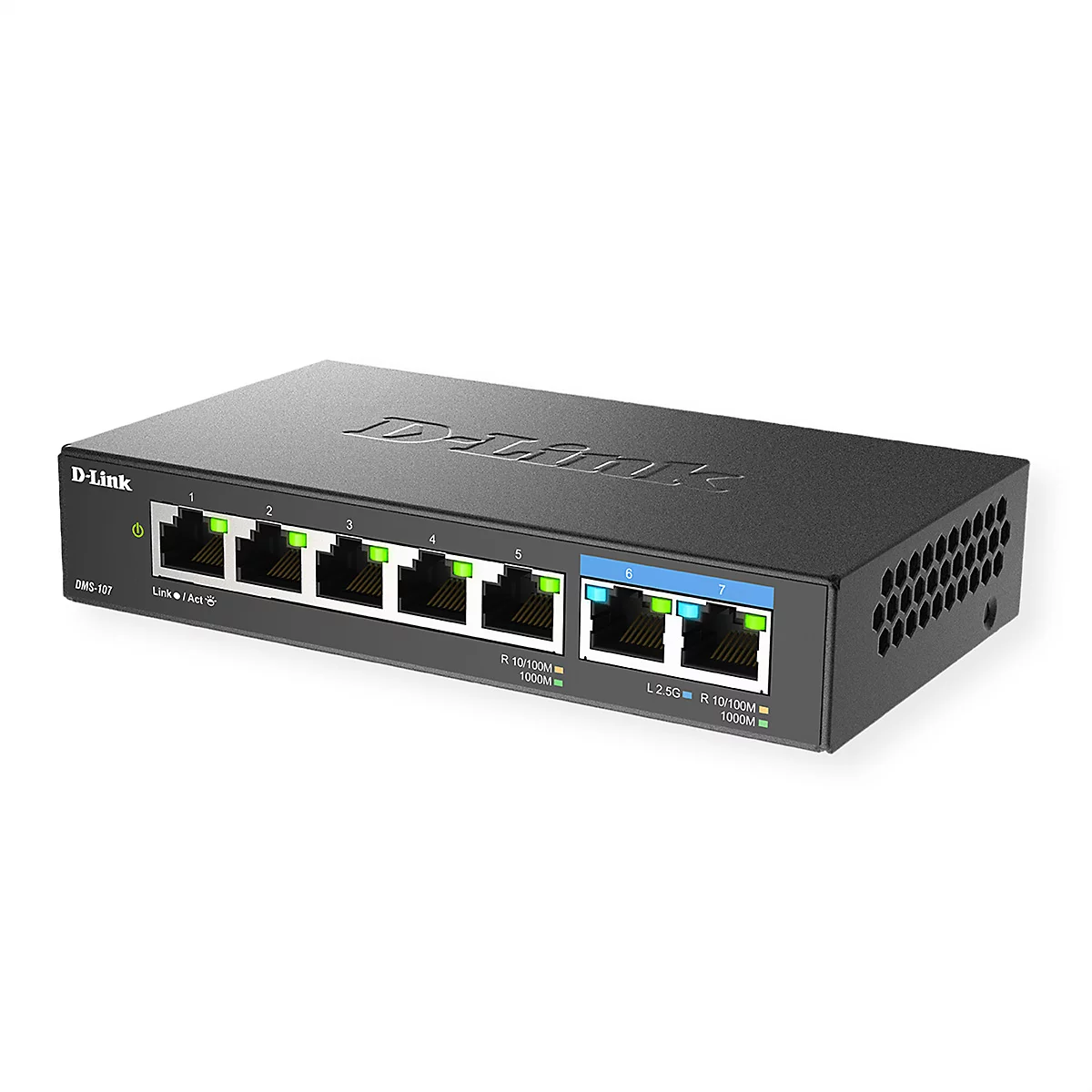 Un commutateur réseau D-Link noir, vu de côté. Sur le dessus se trouvent des ports avec des LED vertes et bleues.