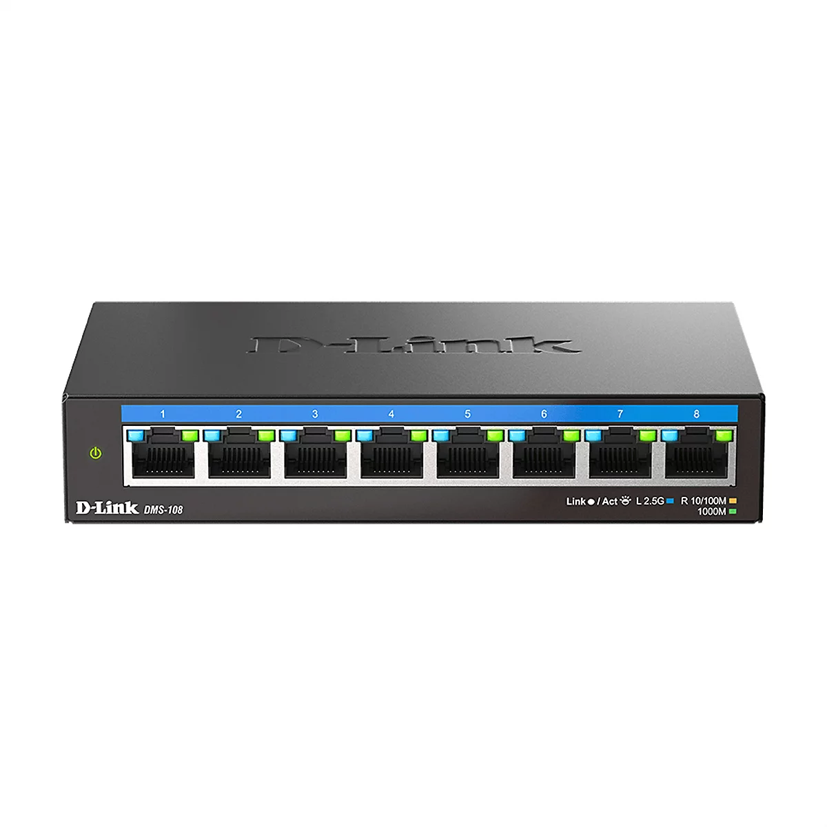 Commutateur D-Link DMS-108 noir. Huit ports, éclairés en vert et bleu, indiquent l'activité. Les logos et les désignations de produits sont clairement visibles.