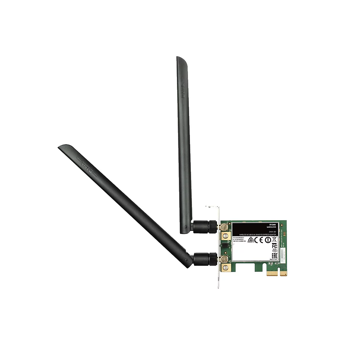Ein PC-Netzwerkadapter von D-Link mit zwei schwarzen Antennen. Der Adapter hat einen grünen Chip mit Schriftzügen.
