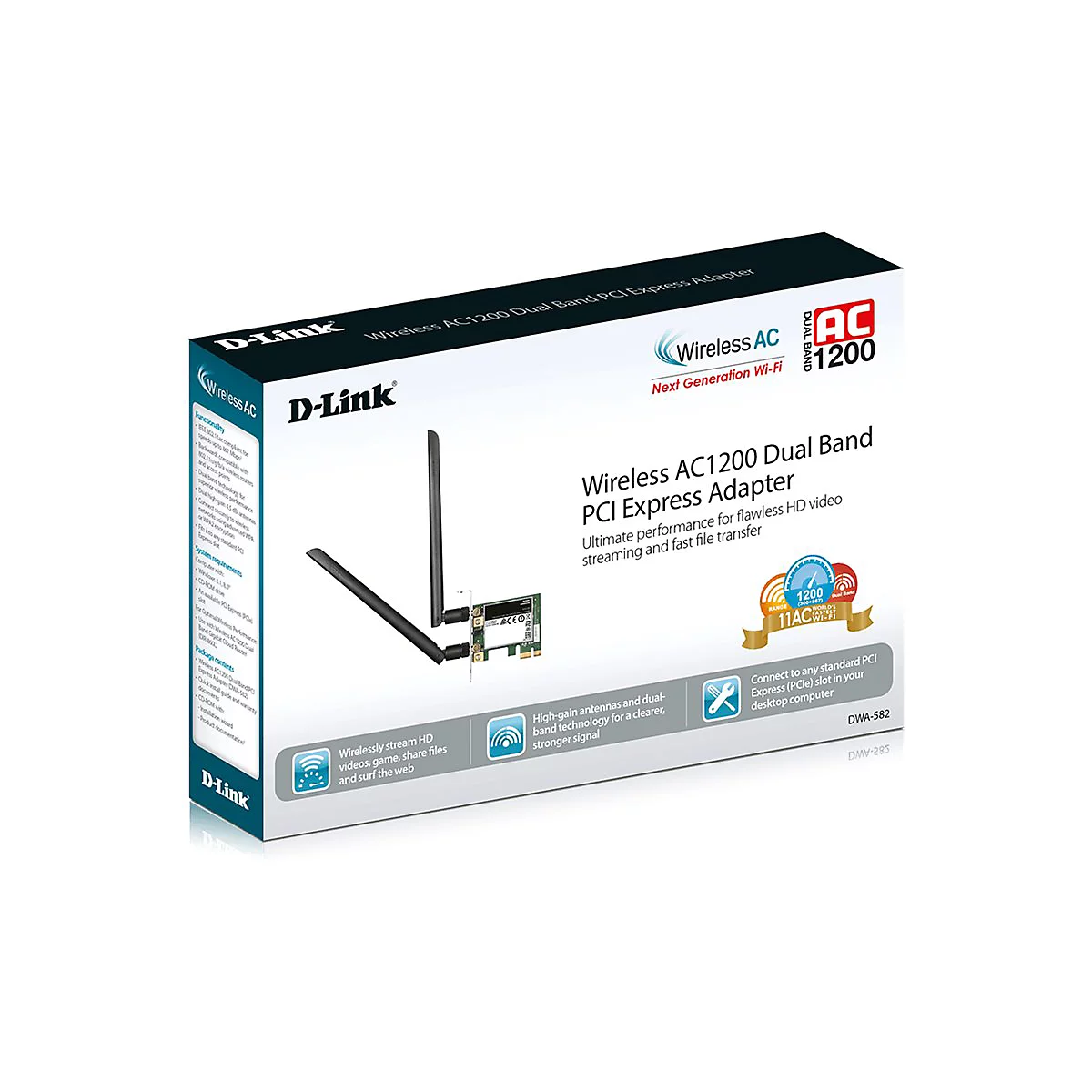 D-Link Wireless AC 1200 Dual-Band PCI Express Adapter Box, Produktbild mit Antennen.