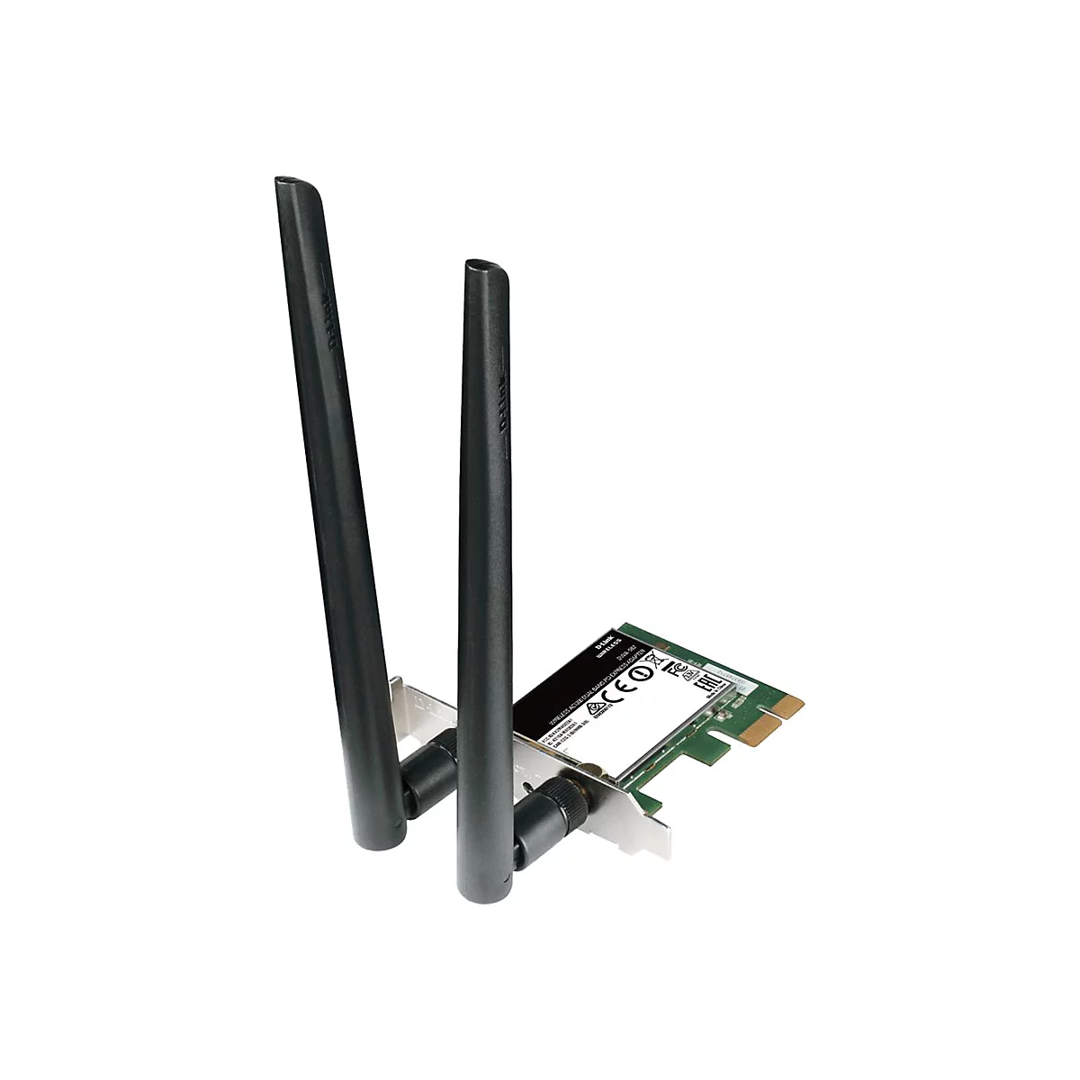 Drahtlose Netzwerkkarte mit zwei Antennen, schwarze Antennen auf weißem Hintergrund.