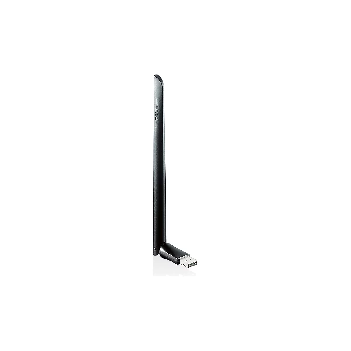 Schwarzer D-Link USB-WLAN-Adapter mit Antenne, Detailaufnahme auf weißem Hintergrund.